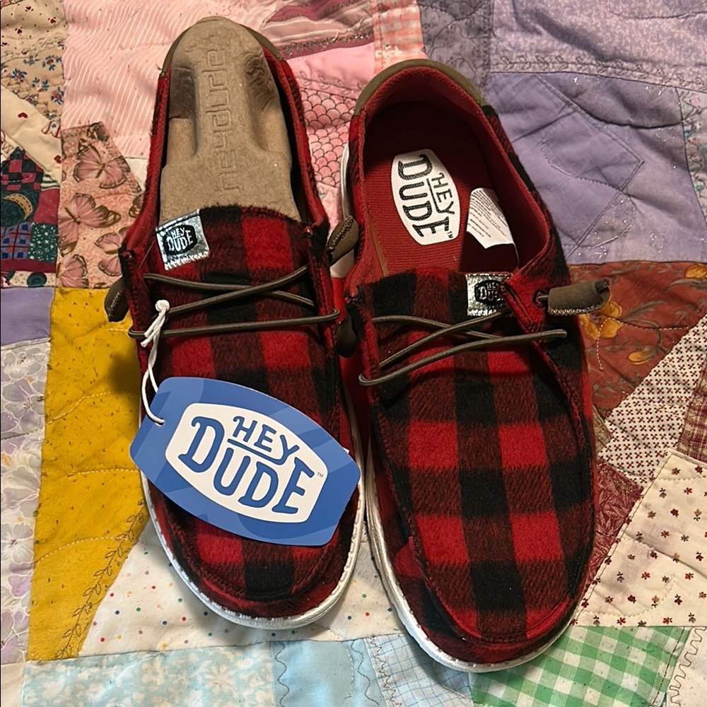 Wendy Buffalo Plaid Hey Dudes. Red and Black Plaid Shoes